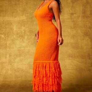 NWOT Vixey Orange Fringe Hem Plunge Neck Sleeveless Knit Dress